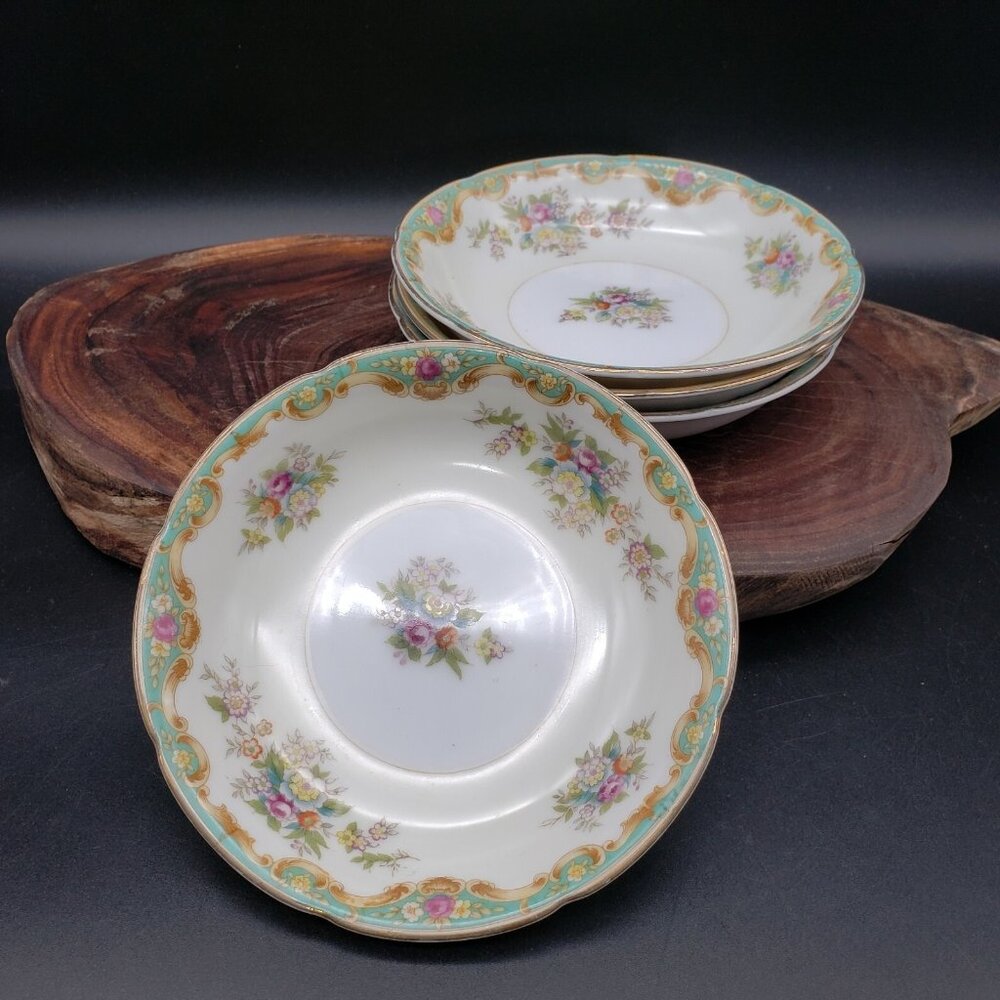 Rembrandt Berry Bowls 5" Set of 4 Green Floral Gold Trim Vintage China